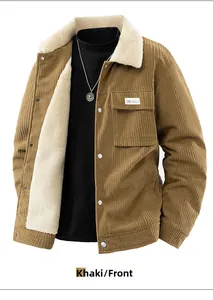 Detail of khaki corduroy jacket with thick white fleece lining and utility pocket