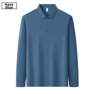 Flat lay of a mist blue long sleeve Polo shirt with ribbed cuffs and polo collar