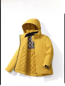 Lemon yellow hooded jacket detail featuring brown diamond quilted lining and stand-up collar