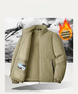 Detail of khaki outdoor jacket featuring warm fleece lining and stand collar structure
