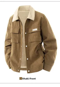 Detail of khaki corduroy jacket showing soft white shearling collar and button texture