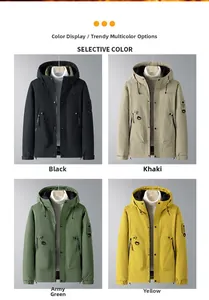 Detail view of hooded utility jackets in black, khaki, army green, and yellow colors