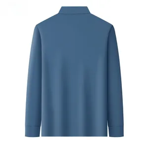 Back view of classic dusty blue men's cotton long sleeve polo shirt with ribbed cuffs
