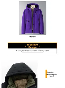Detail view of purple winter jacket showing the hood and honeycomb thermal lining