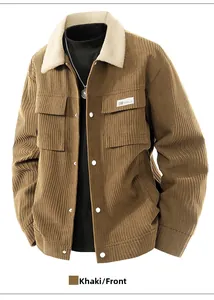 Detail of khaki corduroy jacket showing white fleece collar and flap pocket with START label