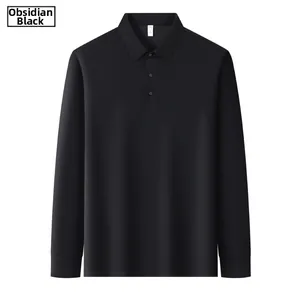 Detailed view of long sleeve Polo shirt in Obsidian Black with ribbed cuffs and collar