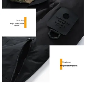 Detailed view of the functional parka with velcro arm patch and zipper utility pocket