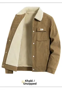 Detailed flat lay of khaki corduroy jacket with thick lamb wool collar and metal buttons