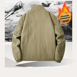 Detailed back view of khaki men's jacket with warm fleece lining and stand collar