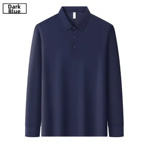 Detailed close-up of dark blue men's polo shirt featuring ribbed cuffs and high-quality knit texture