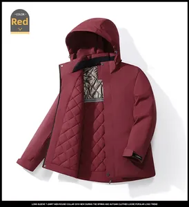 Detail of dark red hooded winter jacket with quilted lining and windproof zipper closure