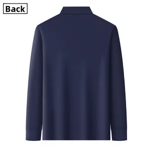 Back view of a classic navy blue long-sleeved polo shirt with ribbed cuffs and collar