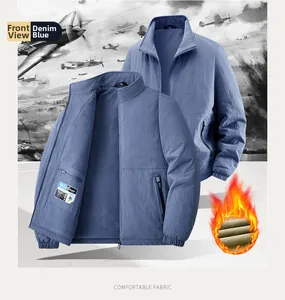 Detail of denim blue men's winter jacket featuring warm fleece lining and inner zipper pocket