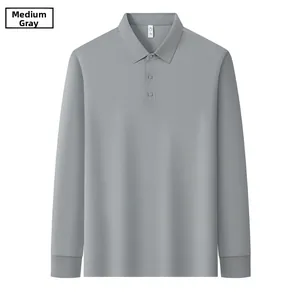 Detail of medium grey long sleeve polo shirt with ribbed cuffs and classic three-button collar
