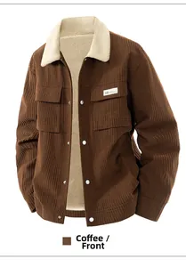 Detail of coffee corduroy jacket featuring white faux shearling collar and button pockets