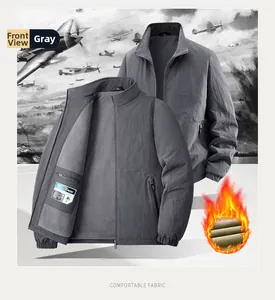 Detail view of men's gray stand collar jacket with warm fleece lining and inner zipper pocket