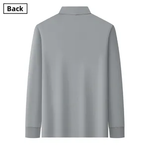 Detailed back view of a men's gray long sleeve polo shirt with ribbed cuffs and polo collar