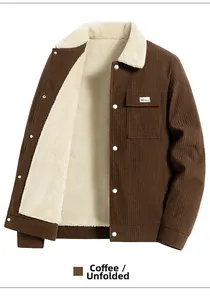 Close-up of brown corduroy jacket featuring white faux shearling lining and metal buttons