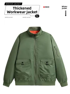 Detail of army green thickened utility jacket with stand collar and MA-1 style sleeve pocket