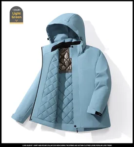 Detail of light blue hooded winter jacket with diamond quilted lining and drawstrings