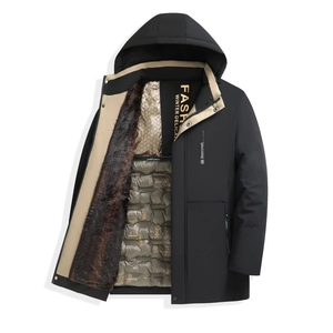 Detail of men's hooded parka with thick faux fox fur lining and windproof matte fabric
