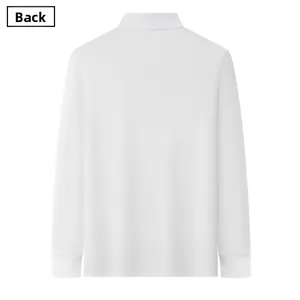 Rear view of a white long-sleeved polo shirt with breathable mesh fabric and ribbed cuffs