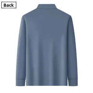 Back view of a classic blue long-sleeved cotton polo shirt with a ribbed knit collar