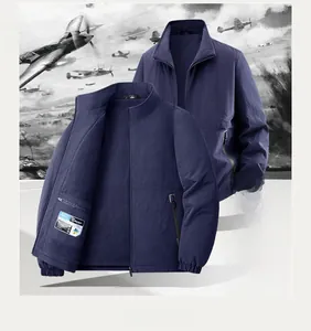 Detail showing high-quality thermal fleece lining and zip pocket of men's navy jacket