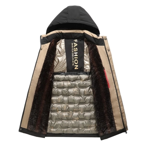 Detail view of winter hooded parka interior with silver quilted lining and faux fur collar