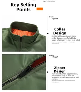 Detail view of army green bomber jacket with windproof stand collar and metallic zipper