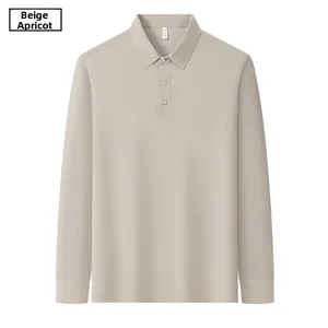 Detailed view of the beige cotton long-sleeve polo shirt with collar and button placket
