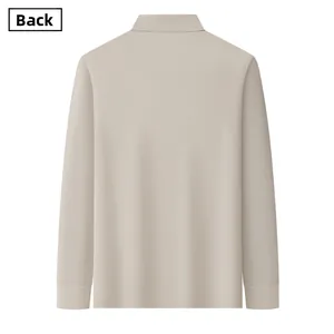 Detailed back view of a beige men's long-sleeve cotton polo shirt with ribbed cuffs
