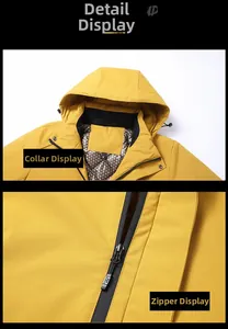 Detail of yellow waterproof parka showing functional neckline and black zipper closure
