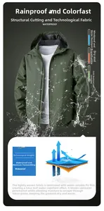 Detail showing waterproof hooded jacket with water splashes on high-tech fabric