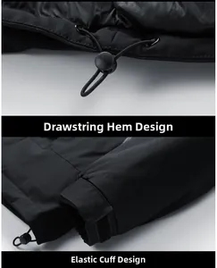 Detail of adjustable drawstring hem and elastic cuffs on a black winter jacket