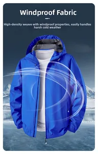 Close-up of blue hooded windbreaker jacket with high-density texture and full zipper