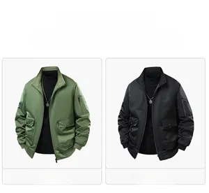Detailed comparison of olive green and black bomber jackets with ribbed cuffs and utility pockets