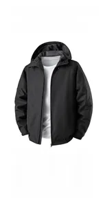 Detail view of black windproof outdoor jacket featuring adjustable velcro cuffs and zipper