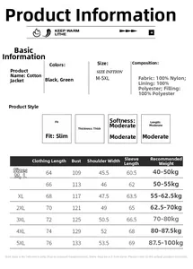 Size chart for men's standing collar jacket with detailed fabric and measurement data