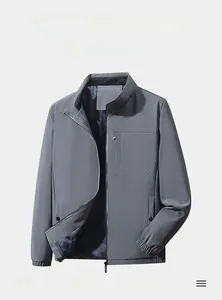 Detail of men's casual jacket showing chest zipper pocket and stand collar texture