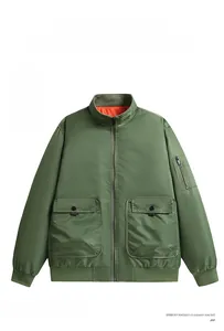 Front view of army green bomber jacket with bright orange lining and stand collar detail