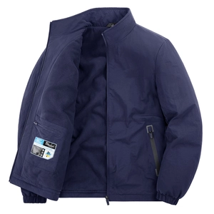 Detail of navy outdoor jacket with warm fleece lining and inner functional security pocket