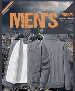 Front and back view of men's grey corduroy jacket with warm white fleece lining