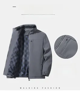 Detail view of the gray business jacket featuring a secure zippered chest pocket