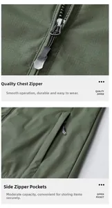 Detail of high-quality zipper and pocket on a durable army green outdoor jacket for men
