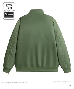 Rear view of green bomber jacket for men with ribbed collar and windproof fabric
