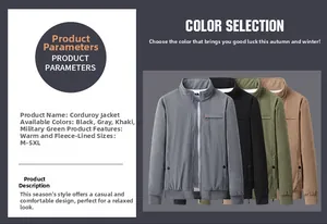 Detail of corduroy jacket colors in grey black khaki and green with fleece lining