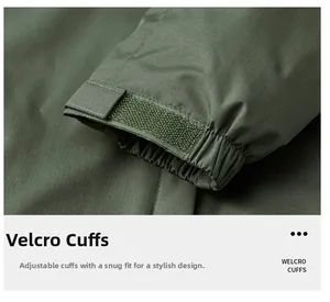 Detail of adjustable velcro cuff with elastic on windproof olive green jacket