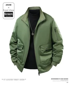 Detail of green bomber jacket with utility arm pocket and stand-up collar design