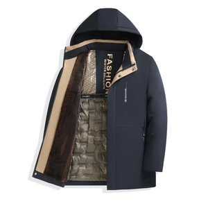 Detail of winter parka interior showing faux fur lining and quilted metallic fabric texture